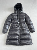 Long hooded puffer jacket with zip front and quilted panels, dark gray exterior