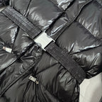 Front zipper and ribbed strap with snap tabs on dark gray puffer jacket