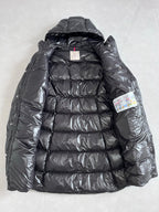 Long hooded puffer jacket with quilted insulation, dark gray exterior