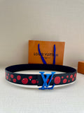 Dark navy belt with red dot pattern and blue LV buckle