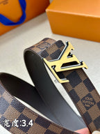Checkered leather belt with gold-tone LV buckle and dark inner lining