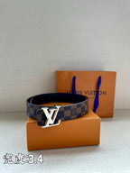 Checkered leather belt with LV logo buckle on folded strap
