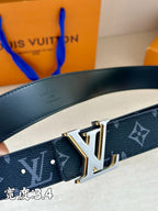 Louis Vuitton dark blue belt with monogram pattern and gold-tone V-shaped buckle