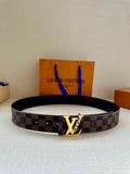 Louis Vuitton belt with dark check canvas and gold-tone LV buckle, black leather strap