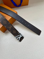 Louis Vuitton belt straps laid out, dark brown monogram with metal buckle