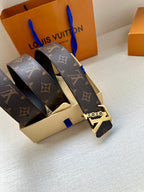 Louis Vuitton belt with monogram pattern, gold buckle on dark brown strap
