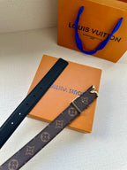 Leather belt with monogram canvas panel, dark blue leather, gold LV buckle