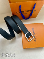 Louis Vuitton belt pair: dark blue leather straps with metal buckles
