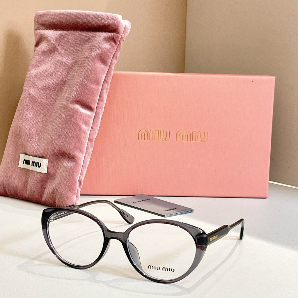 MiuMiu eyeglasses with dark full-rim frames and curved temple detailing