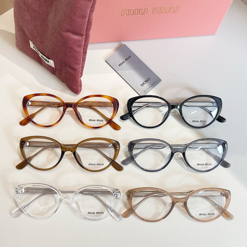 MiuMiu eyeglasses set with multiple full-rim frames in orange, black, and clear
