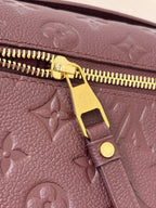 Louis Vuitton mini flap shoulder bag close-up, gold zipper pull on dark plum monogram.