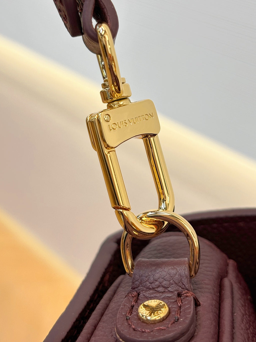 Louis Vuitton mini flap shoulder bag close-up, gold chain handle and dark plum strap base.