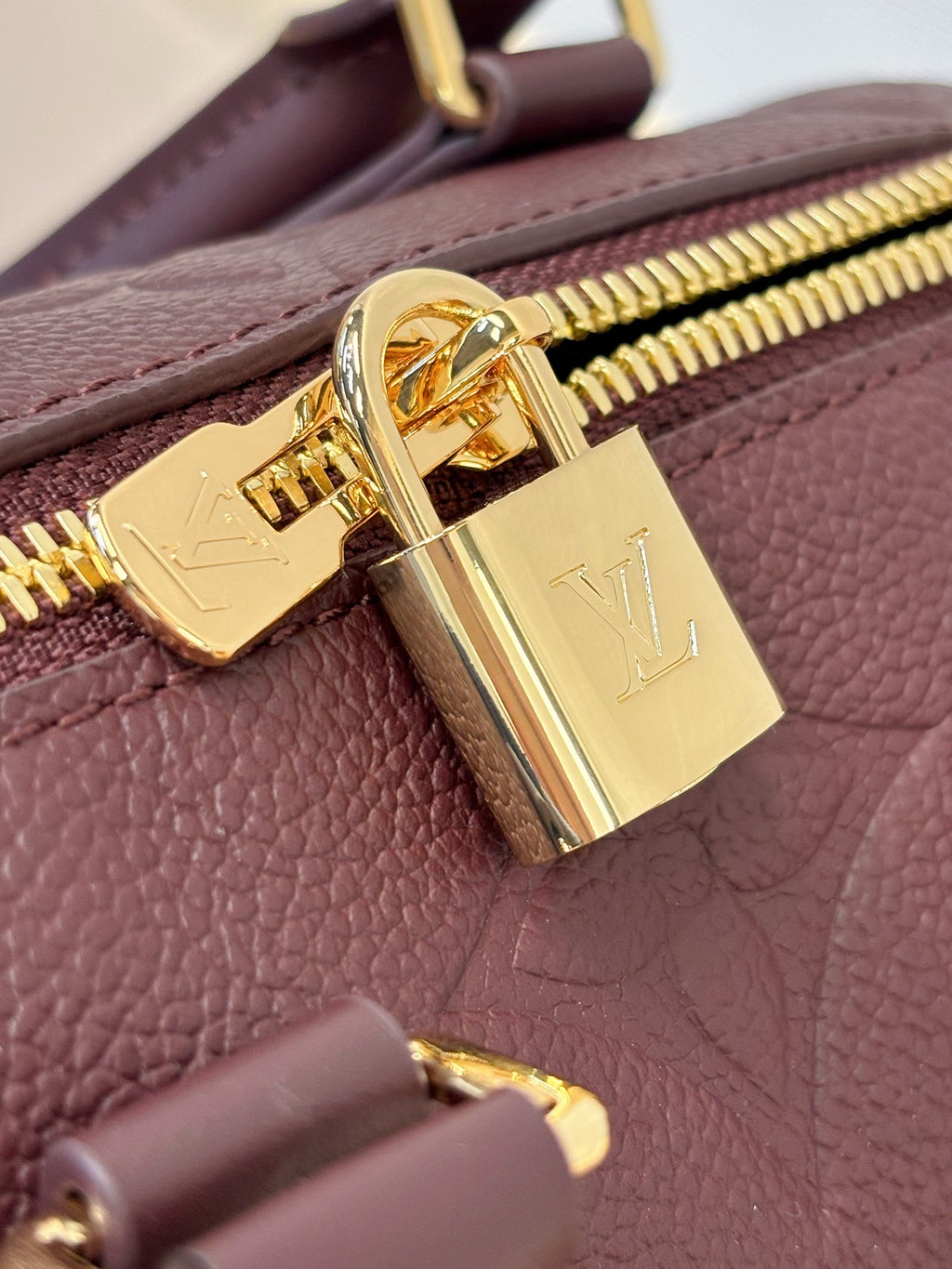 Louis Vuitton maroon leather bag close-up of gold zipper pull and logo hardware
