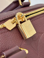 Louis Vuitton maroon leather bag close-up of gold zipper pull and logo hardware