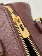 Louis Vuitton maroon leather bag close-up of gold zipper and monogram pull