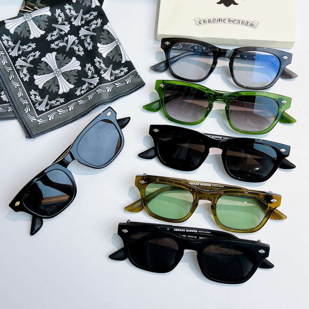 Chrome glasses set with assorted frames: green, gold, and black with tinted lenses