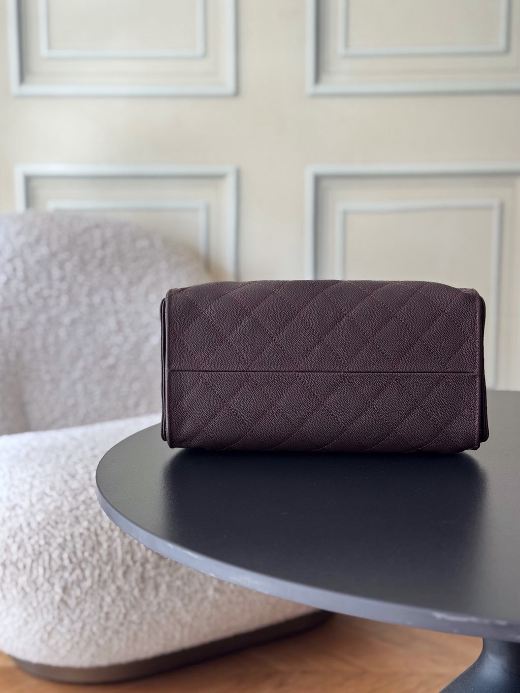 Chanel bag dark plum quilted leather flap clutch with gold hardware and stitched top