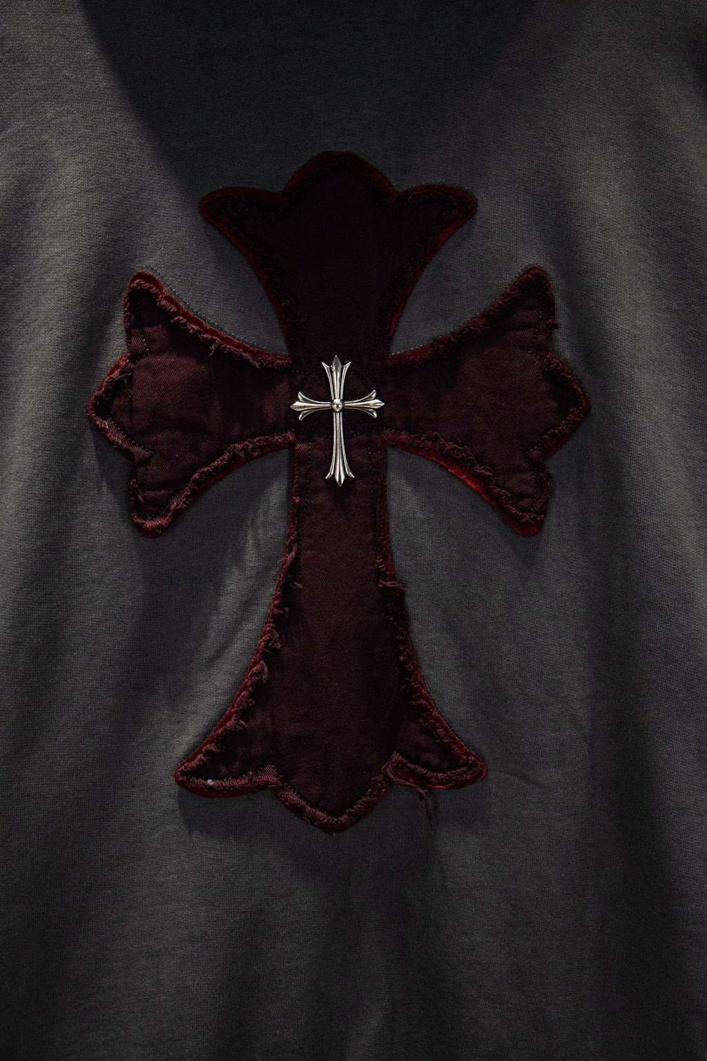 Maroon bow and cross pendant applique on dark gray hoodie