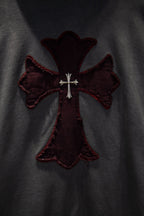 Maroon bow and cross pendant applique on dark gray hoodie