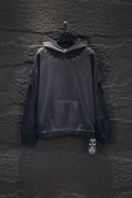 Dark gray long-sleeve hoodie with hood, front pocket, and chest logo embroidery