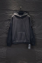 Dark gray long-sleeve hoodie with hood, front pocket, and chest logo embroidery