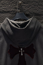 Dark gray hoodie with hood and maroon cross appliqué on chest