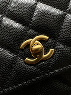 Chanel CC logo on black quilted leather flap bag, gold-tone hardware