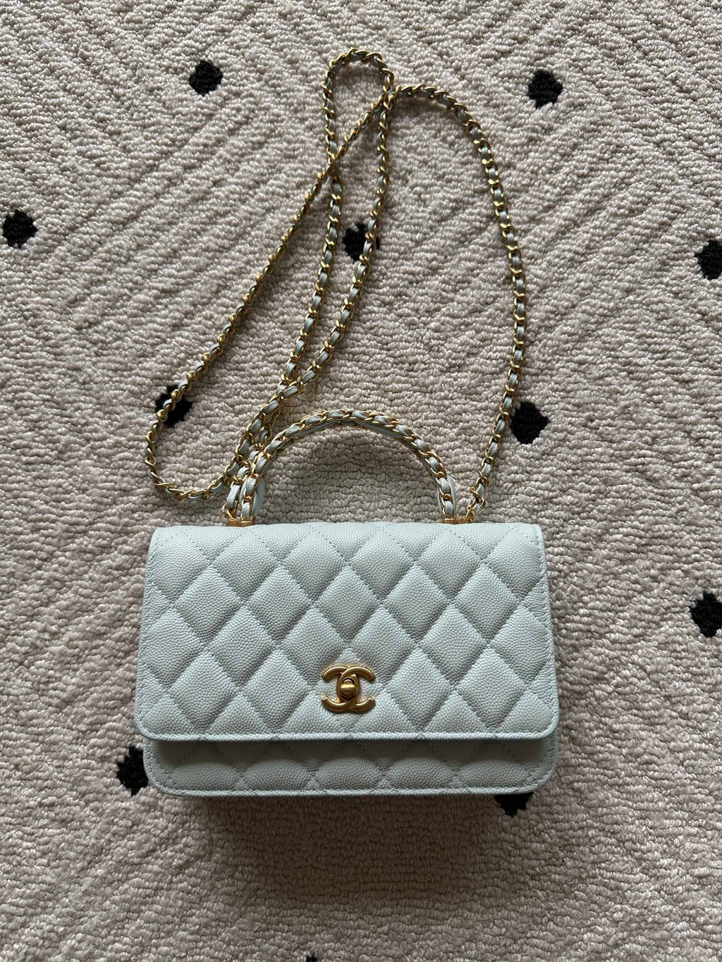 Chanel quilted mini shoulder bag, light blue, gold chain strap, front flap