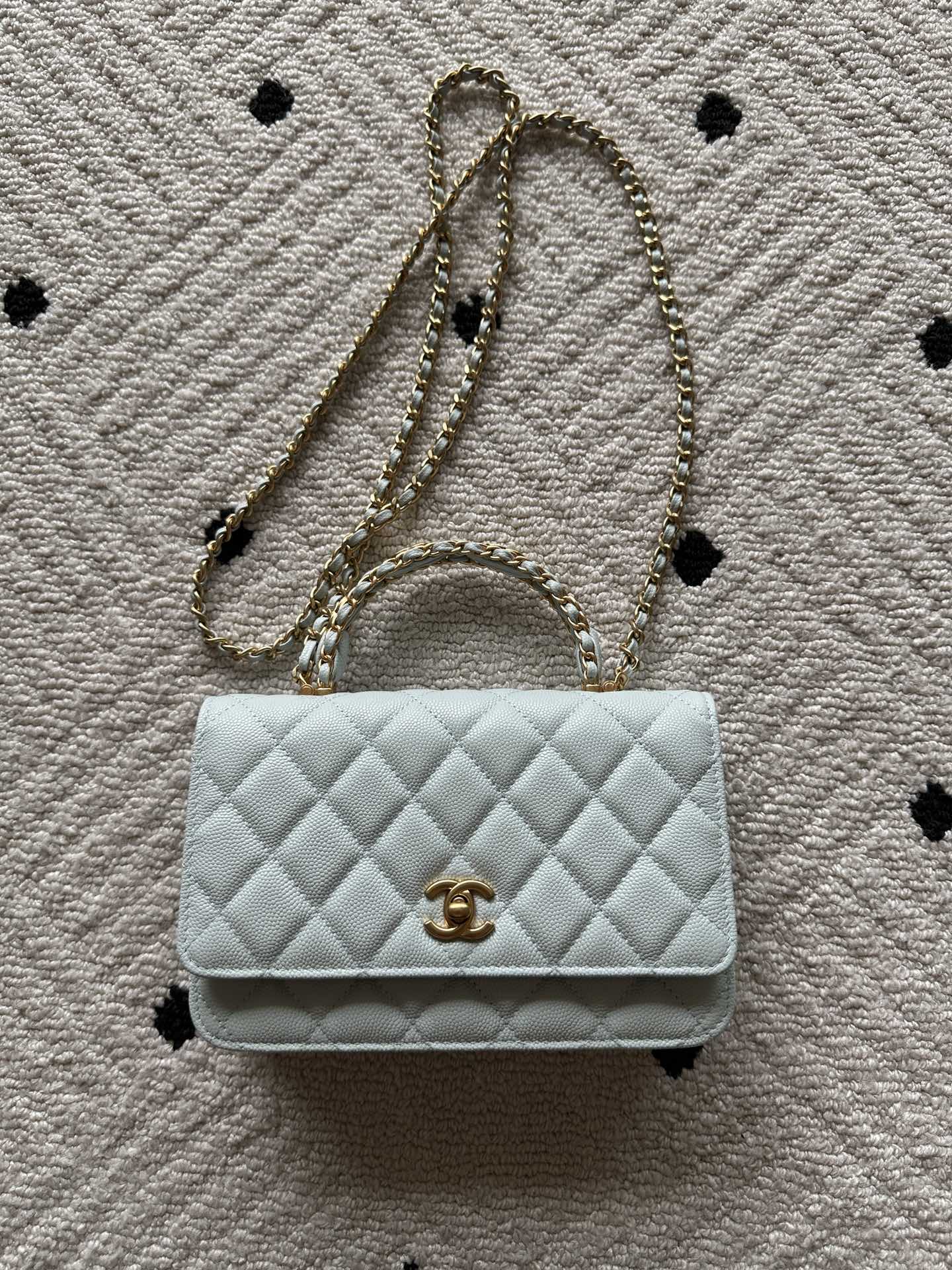 Chanel quilted mini shoulder bag, light blue, gold chain strap, front flap