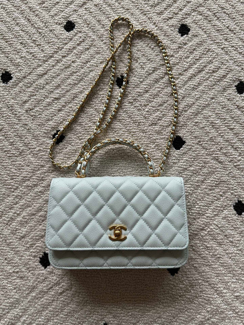 Chanel quilted mini shoulder bag, light blue, gold chain strap, front flap