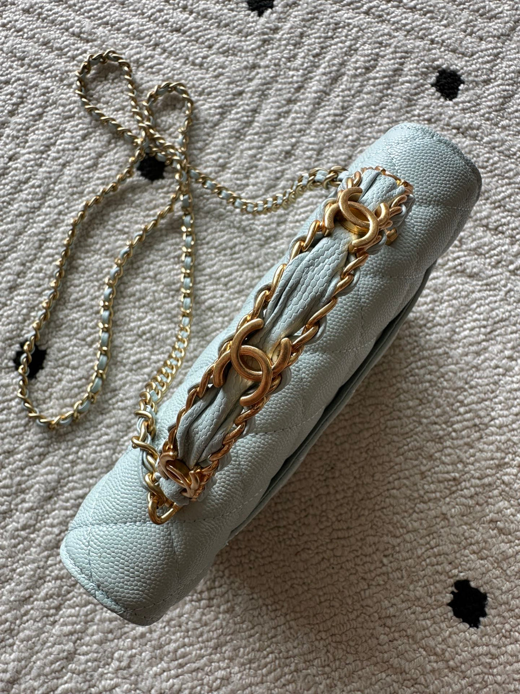 Chanel mini shoulder bag, light blue, gold chain strap with layered hardware