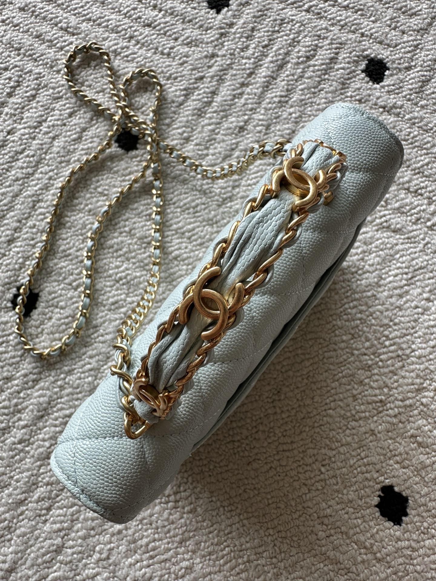 Chanel mini shoulder bag, light blue, gold chain strap with layered hardware