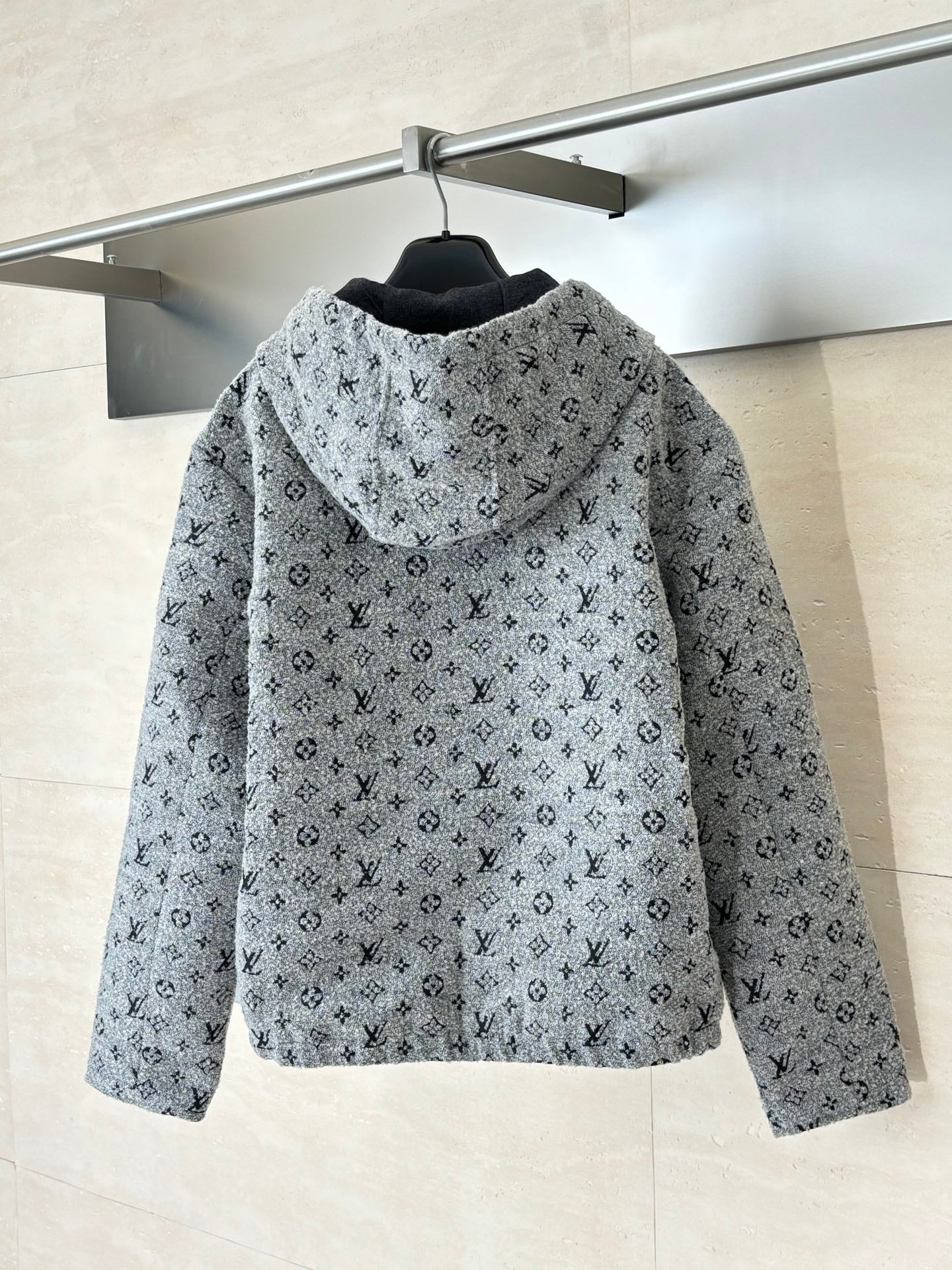 Louis Vuitton long zip-up hoodie, grey monogram print, hood and full sleeves