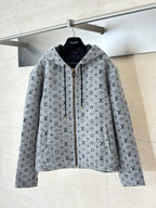 Louis Vuitton long zip-up hoodie, grey monogram print, with hood and gold zipper