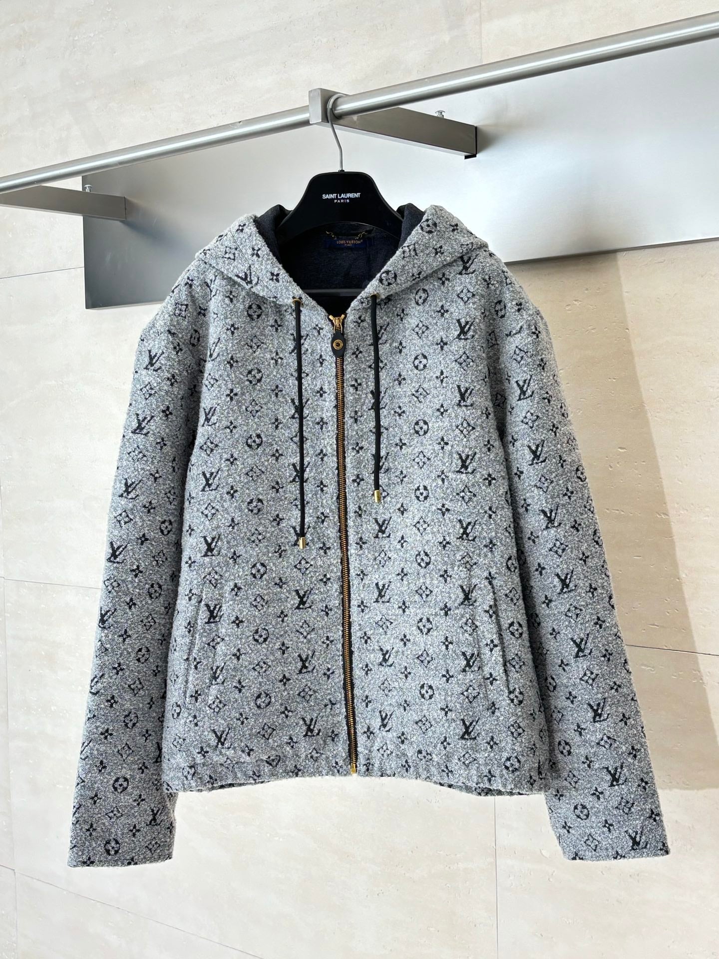 Louis Vuitton long zip-up hoodie, grey monogram print, with hood and gold zipper