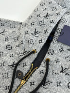 Louis Vuitton hoodie front with drawstrings and gold zipper, grey monogram print