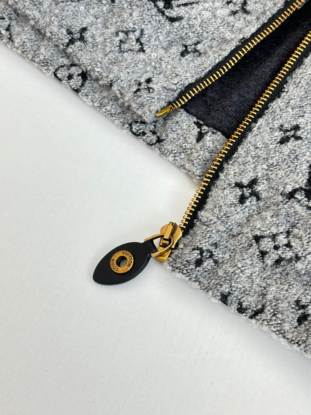 Louis Vuitton hoodie gold zipper pull with black drawcord, grey monogram fabric