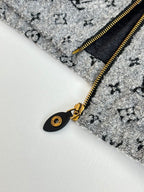 Louis Vuitton hoodie gold zipper pull with black drawcord, grey monogram fabric