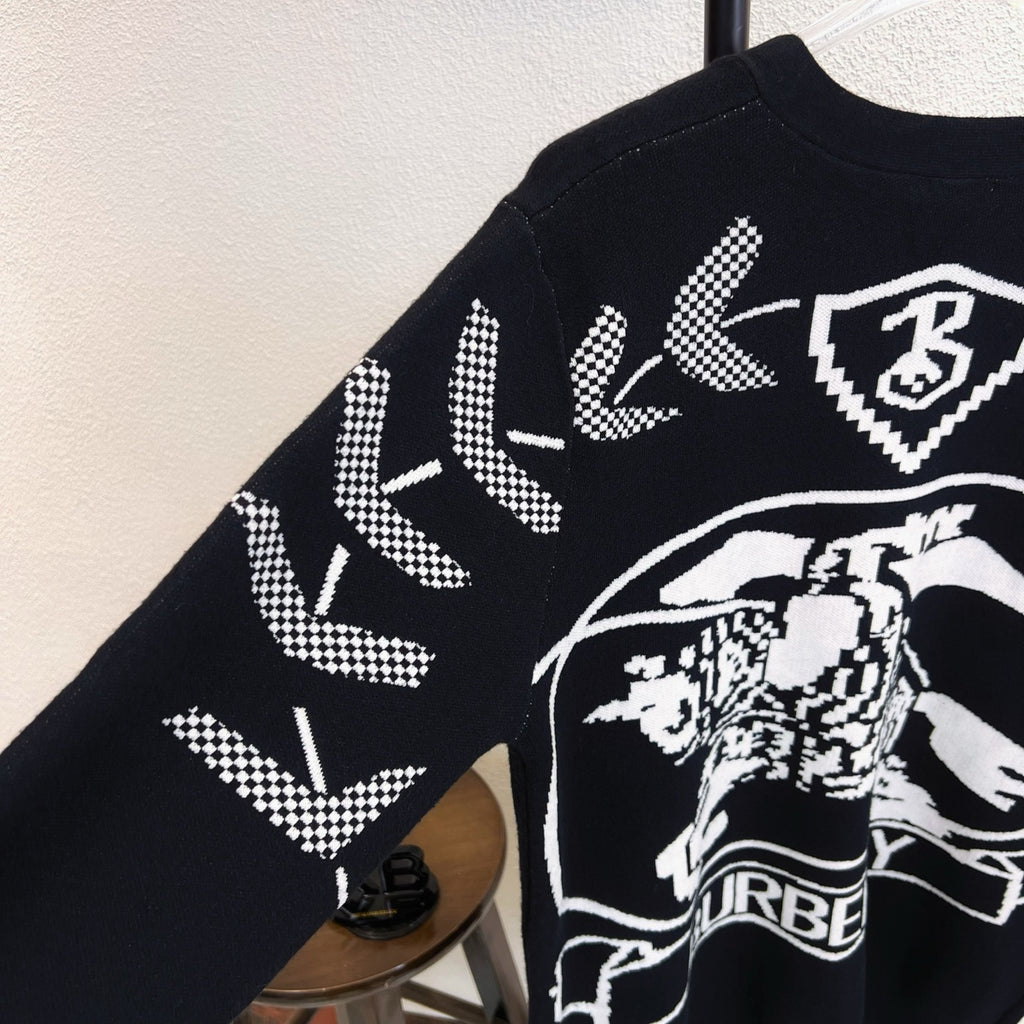Black sweater with Burberry crest and horse graphic at side angle