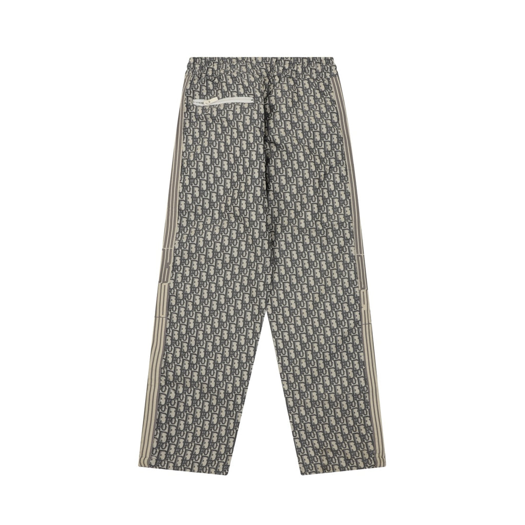 Dior monogram wide-leg pants with beige side stripe panels and elastic waistband