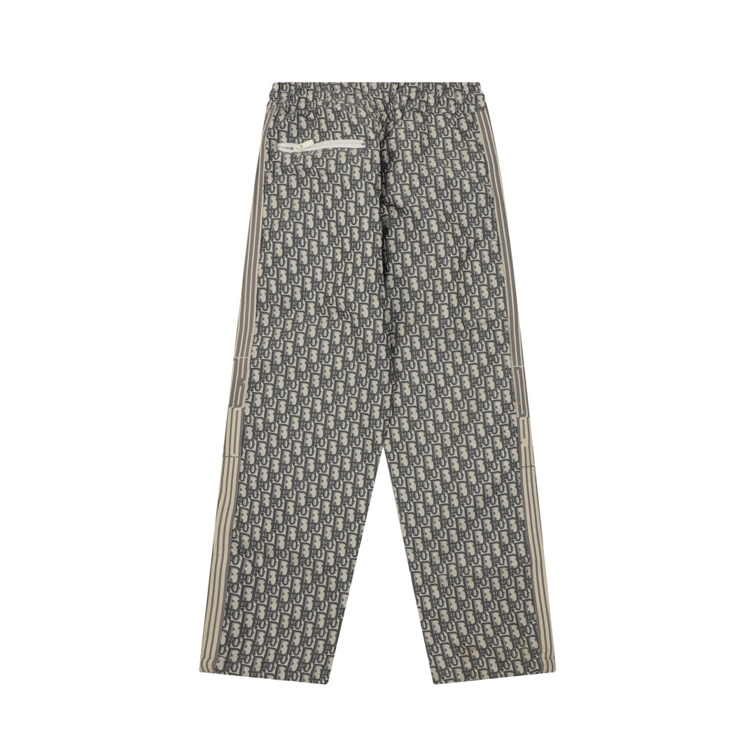 Dior monogram wide-leg pants with beige side stripe panels and elastic waistband