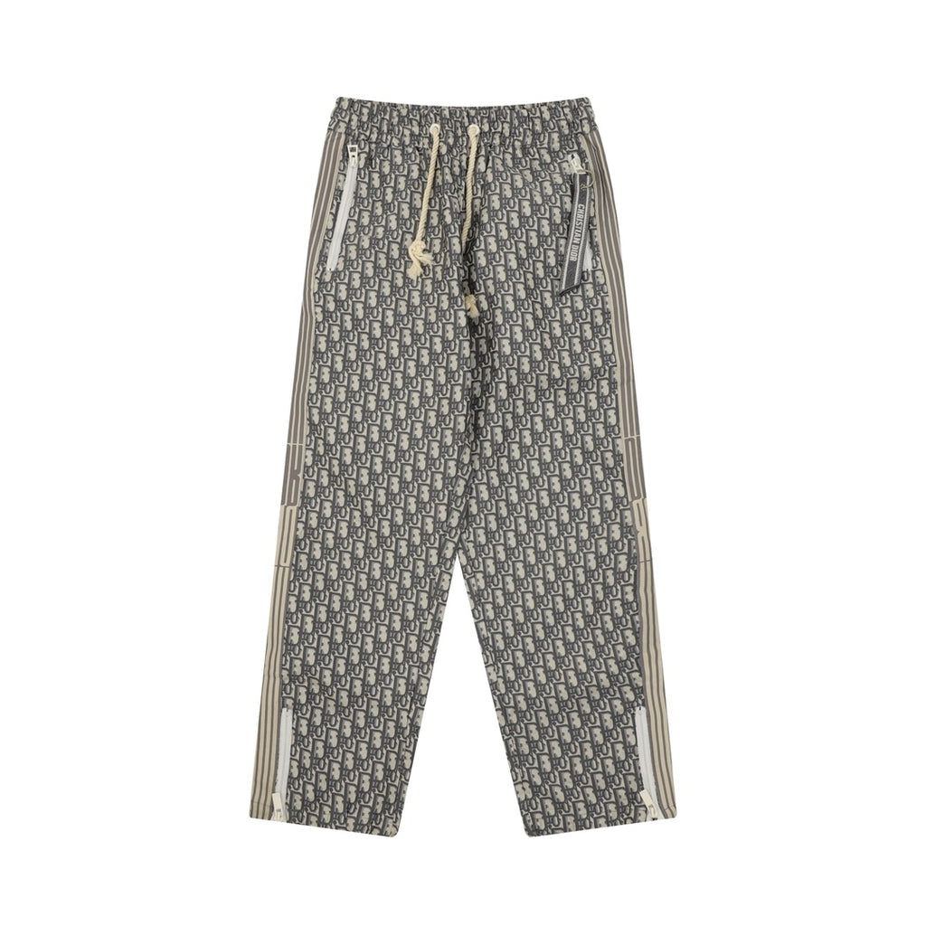 Dior monogram drawstring pants with beige side stripes, elastic waist