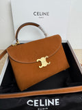 Celine tan leather handbag with gold logo clasp and contrast stitching
