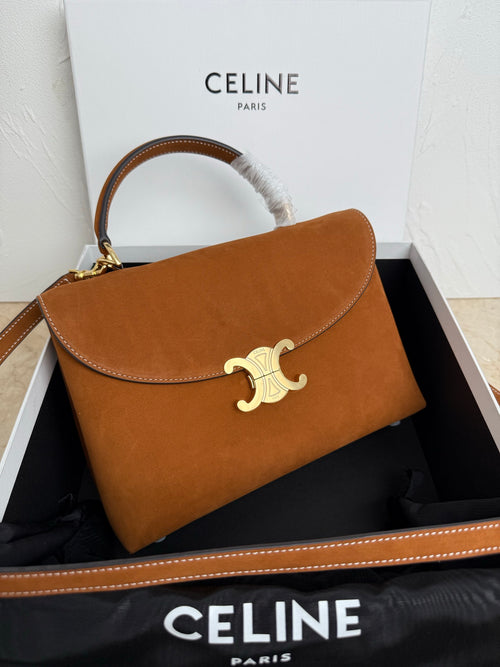 Celine tan leather handbag with gold logo clasp and contrast stitching