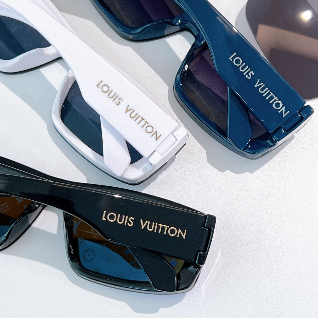 Louis Vuitton sunglasses set: blue and white frames with dark lenses