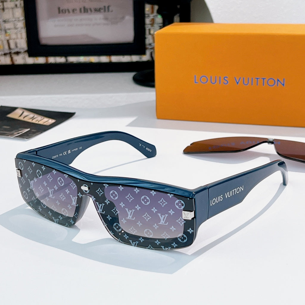 Louis Vuitton sunglasses with navy monogram frame and dark tinted lenses