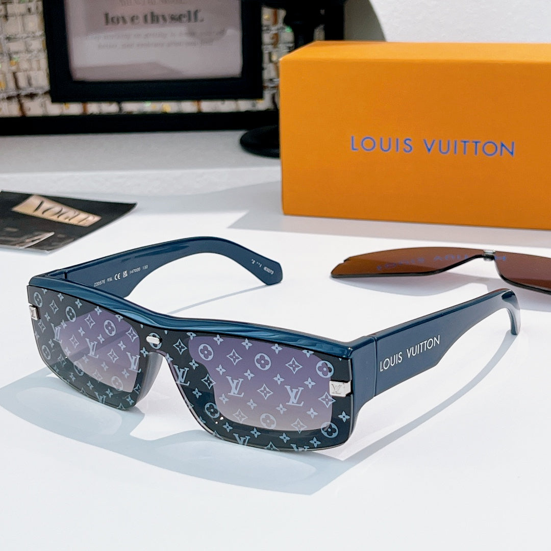 Louis Vuitton sunglasses with navy monogram frame and dark tinted lenses