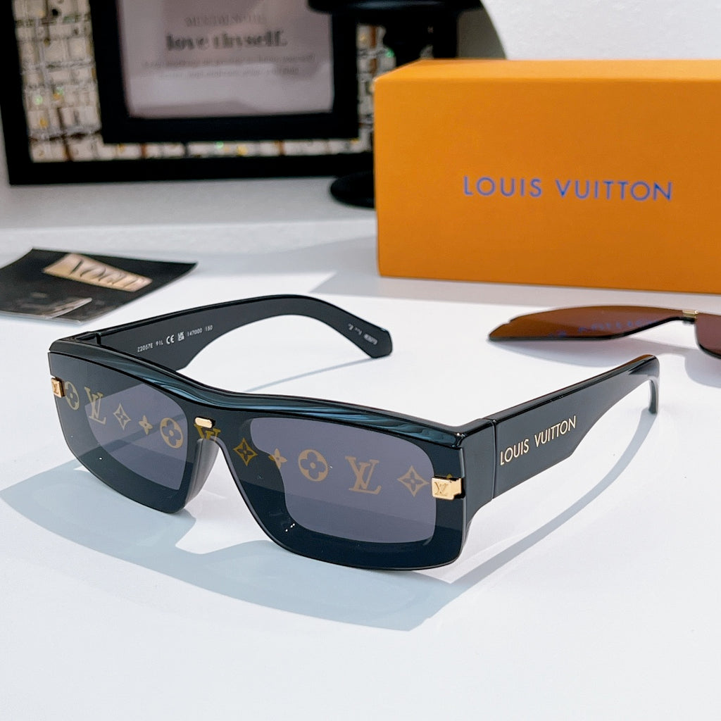 Louis Vuitton sunglasses with black monogram frame and dark smoke lenses