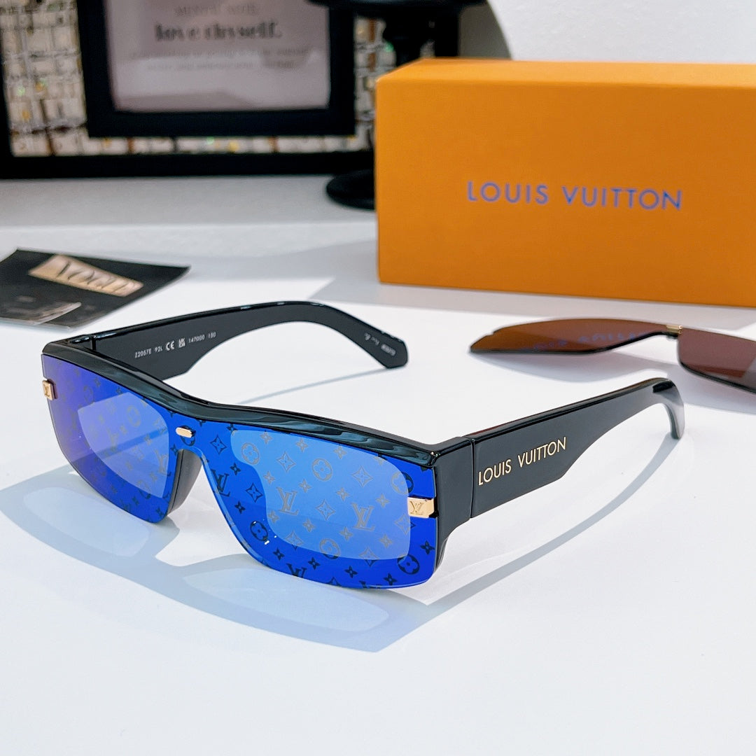 Louis Vuitton sunglasses with blue monogram frame and blue tinted lenses