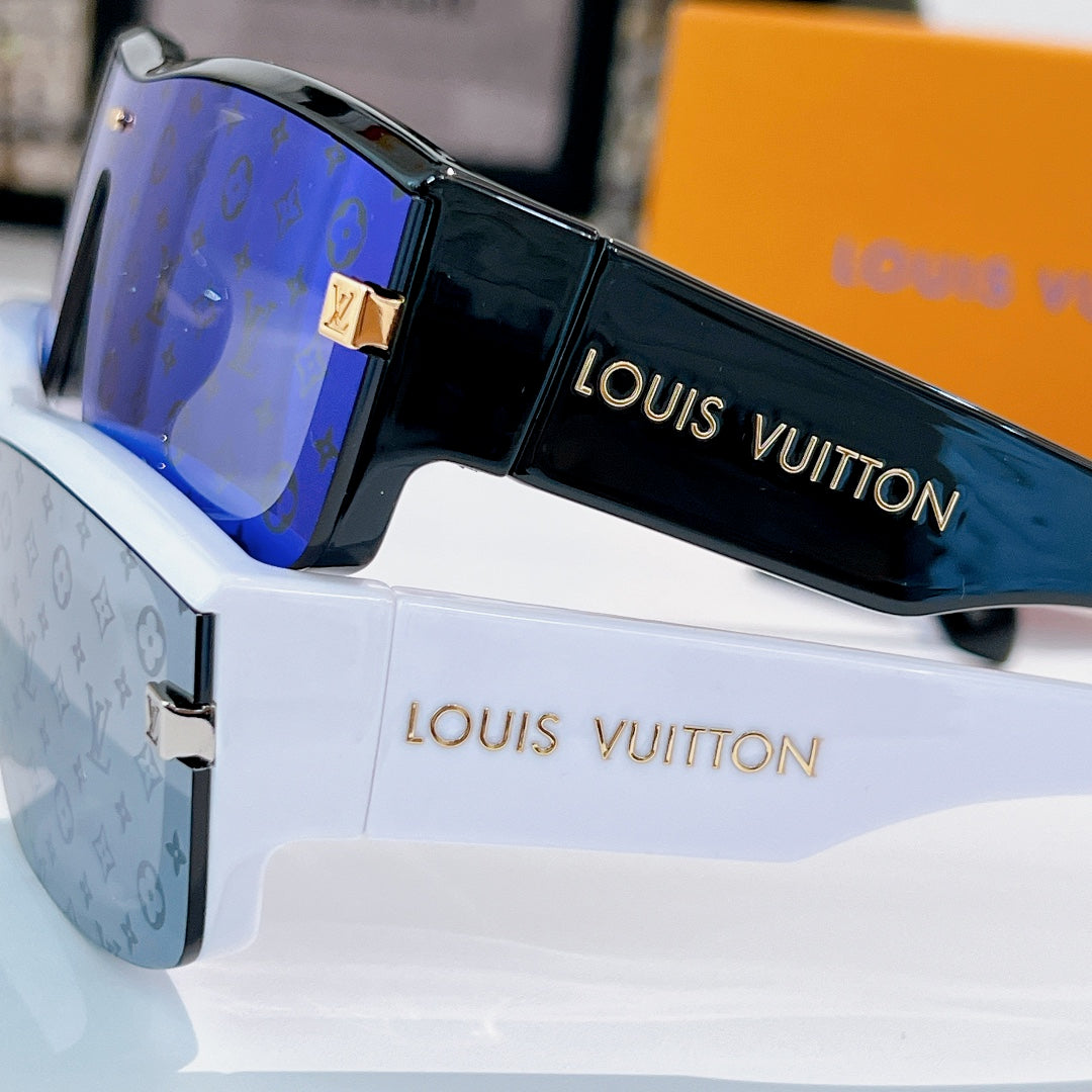 Louis Vuitton sunglasses close-up with dark frame and blue mirrored lenses